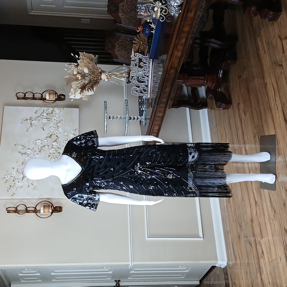 New Black Beaded Gatsby Flapper Cocktail V-neck Dress By Yessa. Size L - Picture 16 of 17